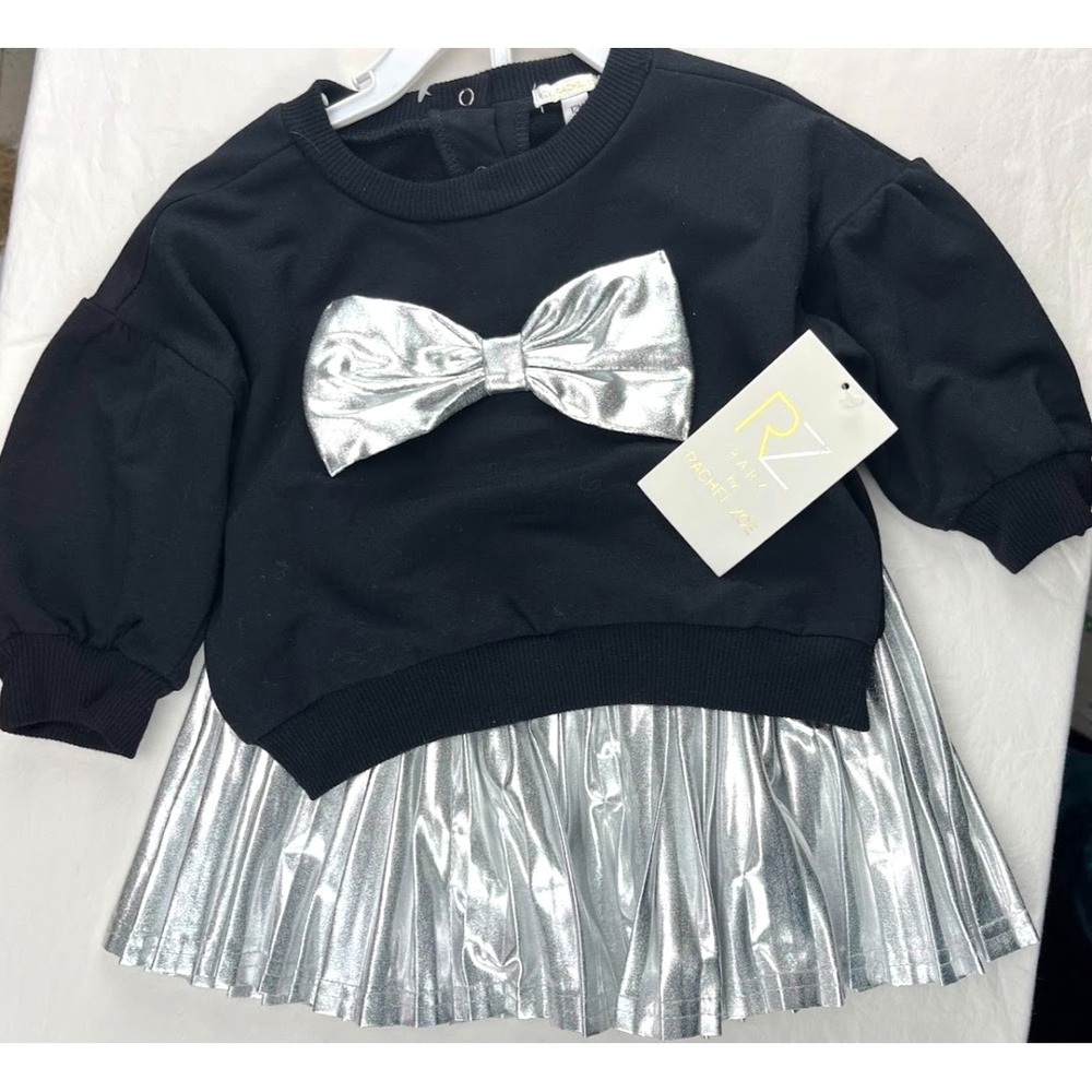 Rachel Zoe Baby Girl 12 Mos Black Silver Skirt Outfit Set 4pc Tights Top NWW - Picture 2 of 4